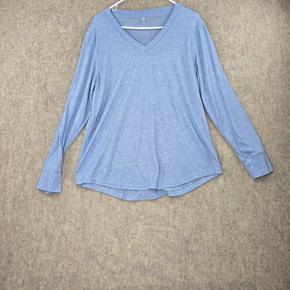 Light Blue Long Sleeve V-Neck Lightweight Shirt Rayon Polyester Blend